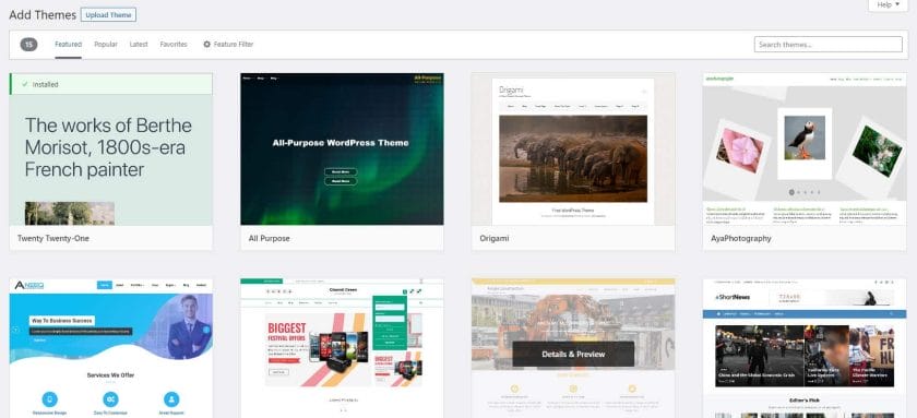 A range of free themes with WordPress