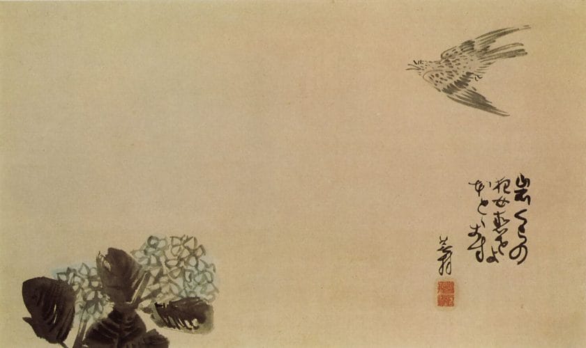 The haiga poem 'A little cuckoo across a hydrangea' by Yosa Buson
